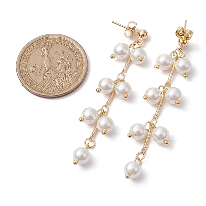 Brass Dangle Stud Earrings, Natural Pearl Beaded Tassel Earrings