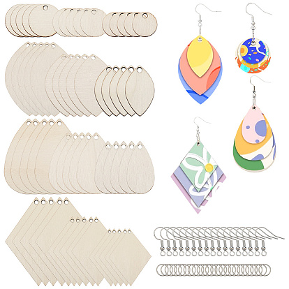 2 наборы незаконченных деревянных заготовок для изготовления сережек-подвесок, с железной фурнитурой, разнообразные