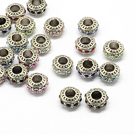 Perles européennes en strass d'alliage , Rondelle de grandes perles de trou, 11x7mm, Trou: 5mm