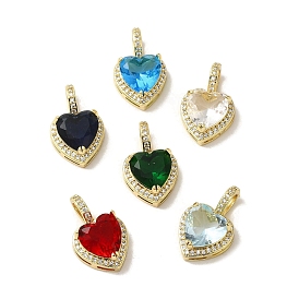 Brass Micro Pave Cubic Zirconia Pendants, with Glass, Real 18K Gold Plated, Heart