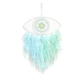 Eye Iron Ring Woven Net/Web with Feather Wall Hanging Decoration, with Cloth & Plastic Beads, for Home Offices Amulet Ornament