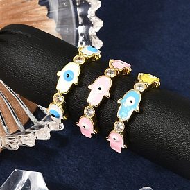 Кольца-манжеты из латуни с микропаве из прозрачного кубического циркония и эмалью для женщин, без кадмия, без никеля и без свинца, Хамса руку с дурным глазом, реальный 18 k позолоченный