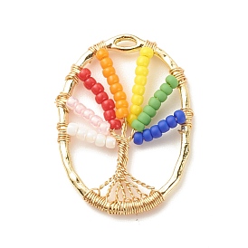 Glass Seed Beads Pendants, with Brass Wire & Alloy Findings, Oval