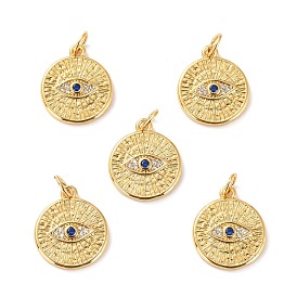 Brass Micro Pave Cubic Zirconia Pendants, Long-Lasting Plated, Cadmium Free & Lead Free, Flat Round with Eye