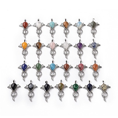 Gemstone Teardrop Pendants, Key Charms, with Rack Plating Platinum Tone Brass Findings