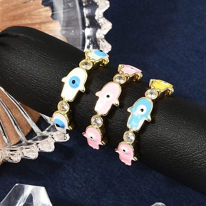 Кольца-манжеты из латуни с микропаве из прозрачного кубического циркония и эмалью для женщин, без кадмия, без никеля и без свинца, Хамса руку с дурным глазом, реальный 18 k позолоченный