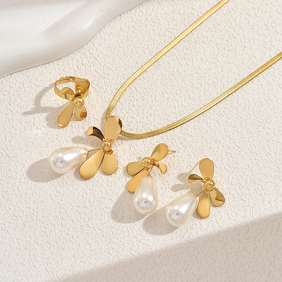 Элегантные комплекты из нержавеющей стали с серьгами-бантиками, ожерельями и кольцами для женщин, с каплевидной имитацией жемчуга