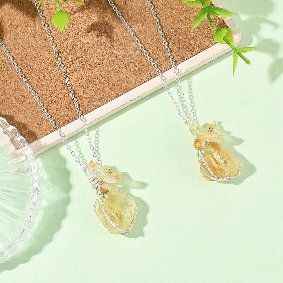 Raw Heated Natural Citrine Nuggets with Butterfly Wire Wrapped Pendant 304 Stainless Steel Cable Chain Necklaces