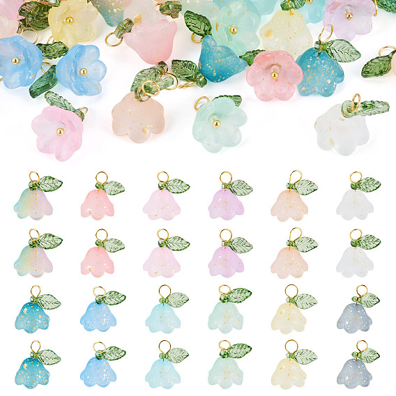 72Pcs 12 Colors Glass & Acylic Flower Pendants, with Brass Findings, Golden