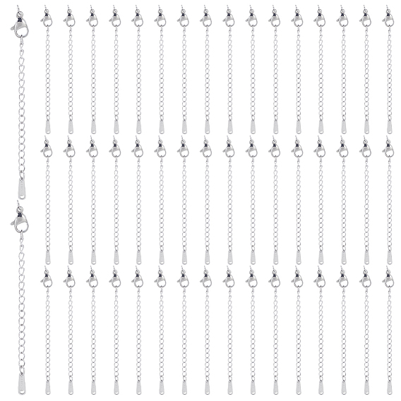 50Pcs 304 Stainless Steel Curb Chain Extender, End Chains with Lobster Claw Clasps and Oval Charms