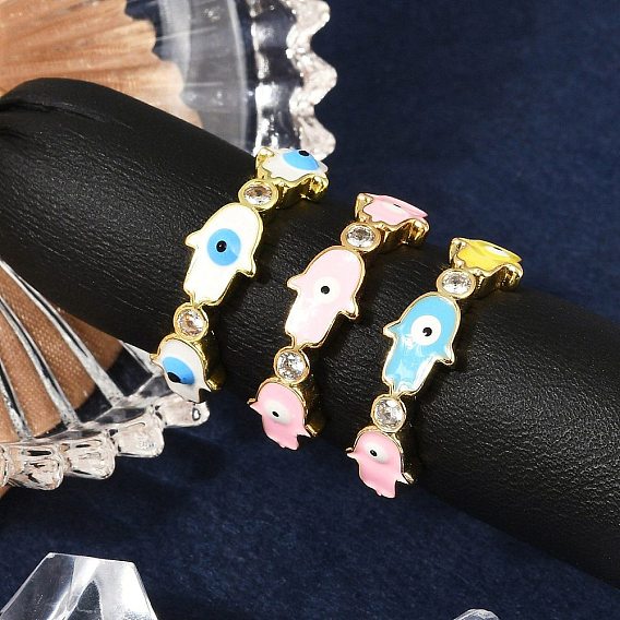 Кольца-манжеты из латуни с микропаве из прозрачного кубического циркония и эмалью для женщин, без кадмия, без никеля и без свинца, Хамса руку с дурным глазом, реальный 18 k позолоченный