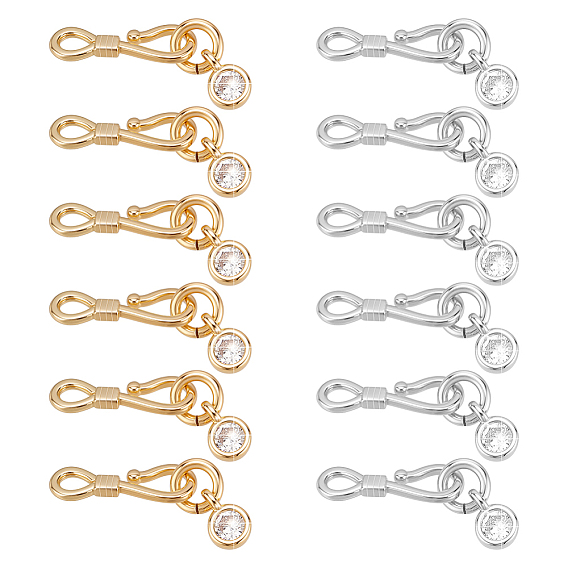 12 шт. 2 цвета латуни, микропаве, прозрачные кубические цирконии, застежки-крючки и S-образные крючки, плоско-круглые