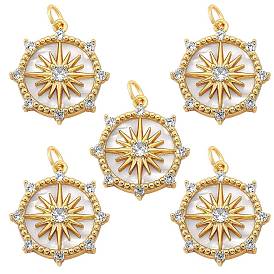 5Pcs Brass Micro Pave Clear Cubic Zirconia Pendants, with Shell and Jump Rings, Nickel Free, Flat Round with Star