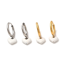 White Enamel Heart Dangle Hoop Earrings, 304 Stainless Steel Jewelry for Women