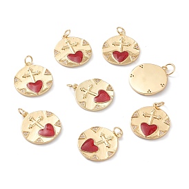 Brass Micro Pave Clear Cubic Zirconia Pendants, with Enamel, Long-Lasting Plated, With Jump Rings, Flat Round with Cross & Red Heart