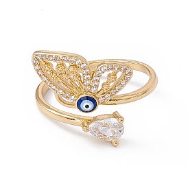 Clear Cubic Zirconia Butterfly with Enamel Evil Eye Open Cuff Ring, Rack Plating Brass Jewelry for Women, Cadmium Free & Nickel Free & Lead Free
