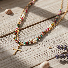 Регулируемый крестик из нержавеющей стали, подвеска из искусственного жемчуга и стеклянных бусин, двухслойное ожерелье для женщин., золотые