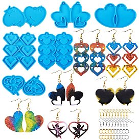 6Pcs DIY Pendant Silicone Molds, Resin Casting Molds, For UV Resin, Epoxy Resin Jewelry Making, with 40Pcs Iron Open Jump Rings and 40Pcs Earring Hooks, Heart & Diamond