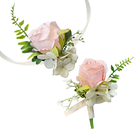 2 piezas 2 estilo tela de seda imitación rosa ramillete boutonniere, con muñequeras de rosas de imitación de seda, para la boda, decoraciones de fiesta