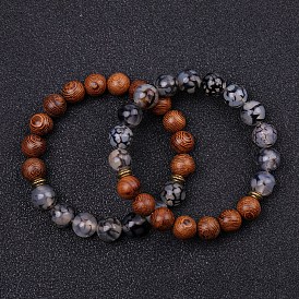 Bracelets extensibles en perles rondes en agate craquelée naturelle teinte et en bois