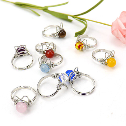 Natural Gemstone Round Bead Rings, Brass Wrapped Rabbit Rings, Adjustable Ring for Women