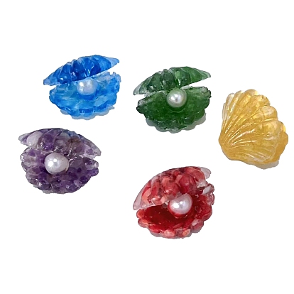 Resin Shell Shape Display Decoration, with Plastic Imitation Pearl & Natural Gemstone Chips inside Statues for Home Office Decorations