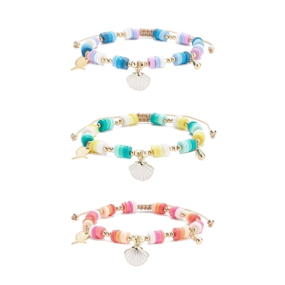 3 piezas 3 conjunto de pulseras de cuentas trenzadas heishi surfer de arcilla polimérica de color, pulseras de muy buen gusto con dijes de esmalte de aleación de pescado y concha para mujer