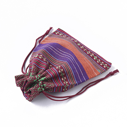 Ethnic Style Cotton Packing Pouches Bags, Drawstring Bags, with Random Color Drawstring Cord, Rectangle