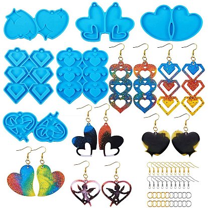 6pcs moules en silicone pendentif bricolage, moules de résine, pour la résine UV, fabrication de bijoux en résine époxy, avec des anneaux de saut ouverts en fer et des crochets de boucle d'oreille., coeur et diamant