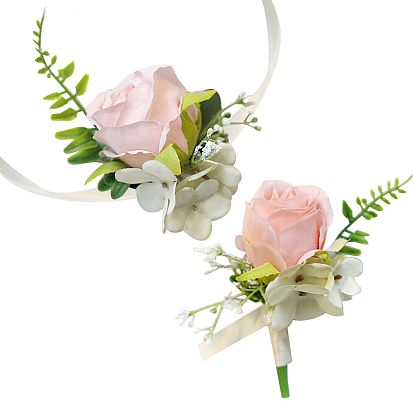 2 piezas 2 estilo tela de seda imitación rosa ramillete boutonniere, con muñequeras de rosas de imitación de seda, para la boda, decoraciones de fiesta