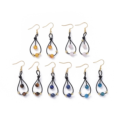 Natural Apatite Beads Dangle Earrings, 304 Stainless Steel Earring Hooks with Cowhide Cord and Resin Round Beads, Teardrop