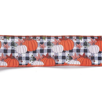 10M Thanksgiving Day Theme Wired Linen Ribbon, Pumpkin/Maple Leaf Pattern