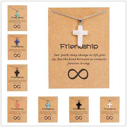 Natural & Synthetic Gemstone Cross Pendant Necklace with Stainless Steel Cable Chains