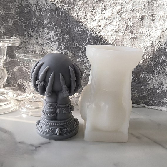 Halloween Theme DIY Candle Silicone Molds, Resin Casting Molds, For UV Resin, Epoxy Resin Jewelry Making, Hand with Round & Skull