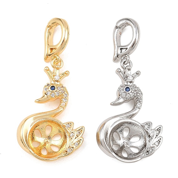 Кулоны из латуни с кубическим прозрачным цирконием, лебедь, за половину пробурено бисера