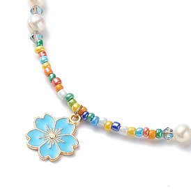 Alloy Enamel Sakura Pendant Necklace, Natural Pearl & Glass Beaded Necklace for Women