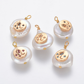 Natural Cultured Freshwater Pearl Pendants, with Brass Micro Pave Cubic Zirconia Findings, Nuggets with Flat Round, Golden