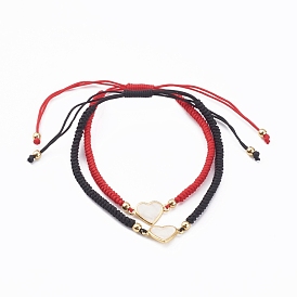Adjustable Nylon Cord Braided Bead Bracelets, with Brass Enamel Links, Heart, Golden