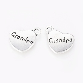 Charms de estilo tibetano de aleación, de corazón con la palabra abuelo, sin plomo y cadmio, 13x15x3 mm, agujero: 3 mm