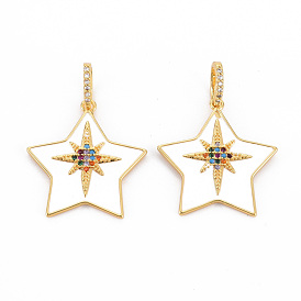Brass Micro Pave Colorful Cubic Zirconia Pendants, with Enamel, Nickel Free, Real 18K Gold Plated, Star