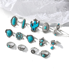 14Pcs 14 Styles Synthetic Turquoise Adjustable Rings, with Alloy Findings