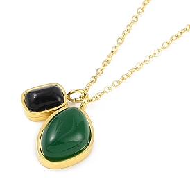 Natural Dyed Agate Oval Pendant Necklaces, Ion Plating(IP) 304 Stainless Steel Necklaces for Women