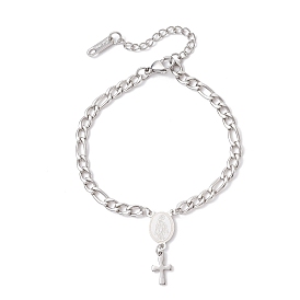 304 из нержавеющей стали Фигаро цепи браслеты, Браслеты с подвесками в виде овала и креста Девы Марии для женщин