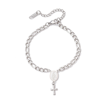 304 из нержавеющей стали Фигаро цепи браслеты, Браслеты с подвесками в виде овала и креста Девы Марии для женщин