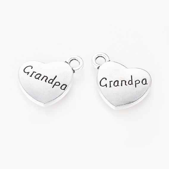 Сплавочные шармы из сплава тибетского стиля, со словом "family", сердце с словом "grandpa", без кадмия и без свинца, 13x15x3 мм, отверстие : 3 мм