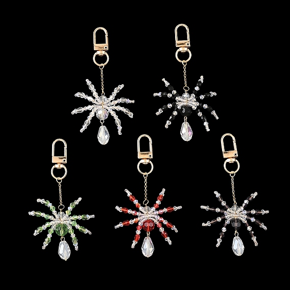 Halloween Spider Glass & 304 Stainless Steel Pendant Decorations, with Alloy Swivel Clasps, Light Gold