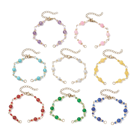 Изготовление браслетов-цепочек из синтетической бирюзы, натурального аметиста, говлита, сердолика, окрашенного желтого нефрита, окрашенного малайзийского нефрита, круглых и стеклянных бусин, с 304 концевыми цепями из нержавеющей стали, золотые