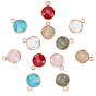 12Pcs 6 Style Natural & Synthetic Mixed Gemstone Pendants, Light Gold Tone Brass Edge, Faceted, Flat Round