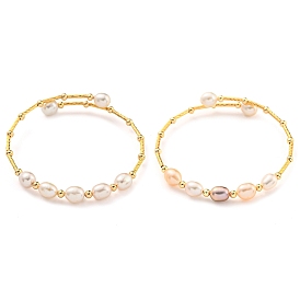 Brass & Natural Freshwater Pearl Beads Open Cuff Bangles for Women, Golden