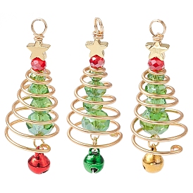 3Pcs Glass & Alloy Pendants, with Brass Bell & Golden Copper Wire, Christmas Tree & Star